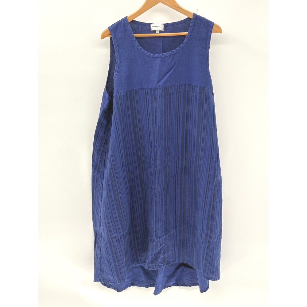 Allen Allen Dress Tank Linen Shift Minimalist 2X Blue Black Striped Lagenlook